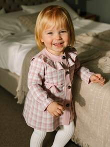 Baby Girl Casual Cute Collegiate Style Patterned Print Ruffle Sleeve Bow Decor Waist Dress, Autumn - Pink - View 3