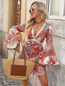 Brillora 女式全印花V领休闲度假长袖连衣裙 - 綠色 - 查看 6