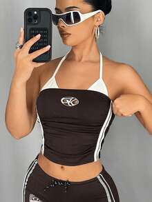 SHEIN ICON 女款街頭風 Y2K 休閒健身白色與棕色條紋掛脖短版上衣，夏季對比色繫帶後領無袖背心，適合日常穿著 - 棕色 - 查看 8