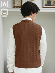Manfinity CasualKnits 男士休闲百搭纯色针织毛衣背心，秋冬男士钩针套装，长袖上衣 - 咖啡棕 - 查看 5