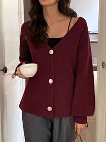 Elyressa Áo khoác cardigan cài nút màu trơn thường ngày dành cho nữ, Thu/Đông - Màu Đỏ Sâu - Xem 3