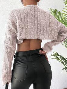 EURMUSE Women's Solid Color Drop Shoulder Long Sleeve Cropped Sweater, Autumn/Winter - Baby Pink - View 2