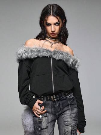 Grunge Punk Sweat-shirt court vintage Y2K à épaules dénudées en patchwork de fourrure pour femmes