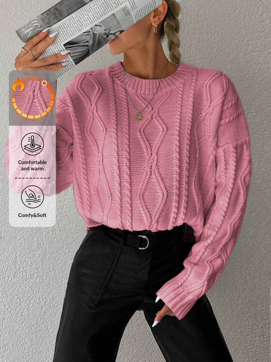EURMUSE 1pc Women Solid Color Round Neck Long Sleeve Simple Sweater, Casual For Daily Wear - Pink - View 1