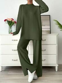 EURMUSE Knitwear Basic Oversize Co-Ords Solid Color Long Sleeve Loose Sweater And Trousers - Khaki - View 4