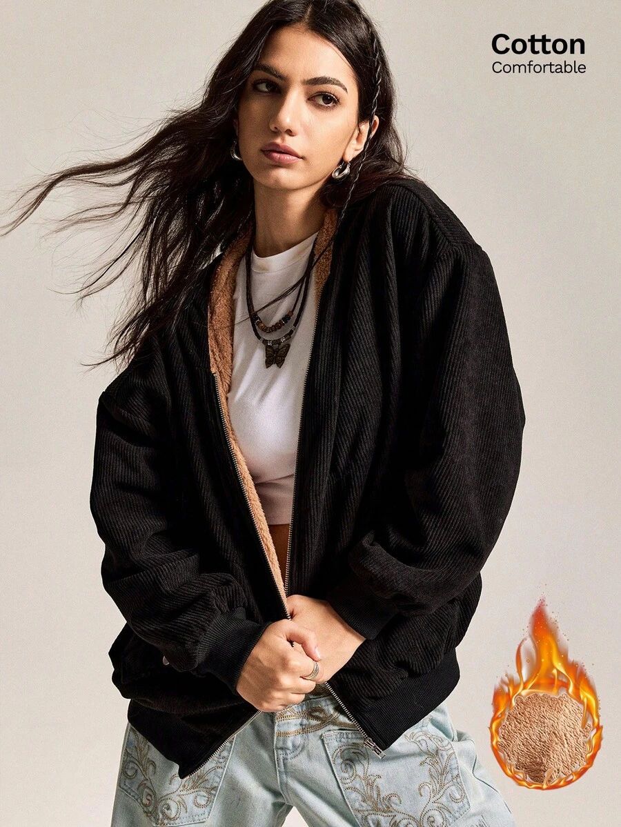 Easelle Women's Solid Color Warm Hooded Casual Jacket, Autumn And Winter Warm Lining Autumn And Winter Coat Jacket 2025 Autumn And Winter Black All-Match - Multicolor - View 1