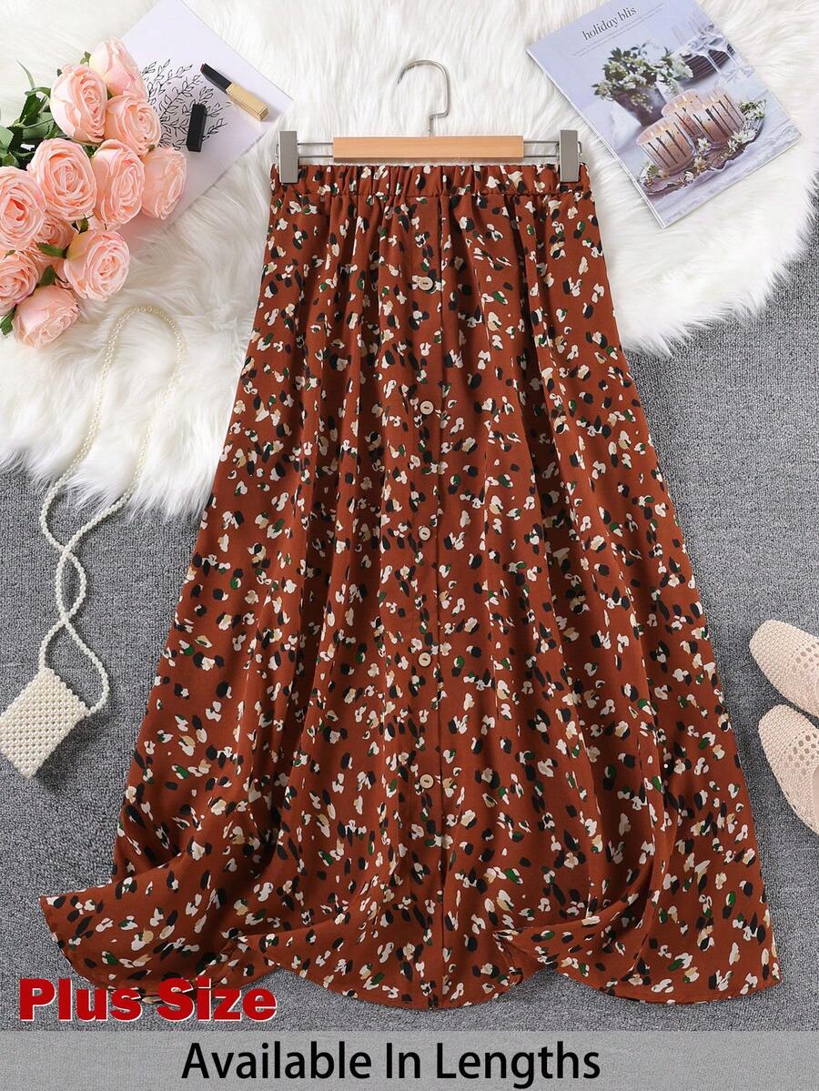SHEIN Tall CURVE Plus Size Women's Small Leopard Print Long Skirt With Center Front Button Decoration,Summer Clothes - Multicolor - View 1