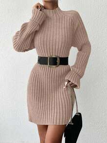 EURMUSE Women's Solid Color Stand Collar Raglan Sleeve Knit Dress,Petite - Camel - View 6