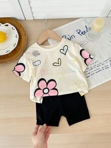 SHEIN Baby Girl Cute Knit Cartoon Pattern Short Sleeve T-Shirt And Elastic Waist Shorts Set, Summer - Multicolor - View 4
