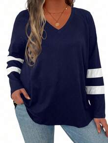 Plus Striped Print V Neck Tee Graphic Tees Women Tops - Royal Blue - View 1