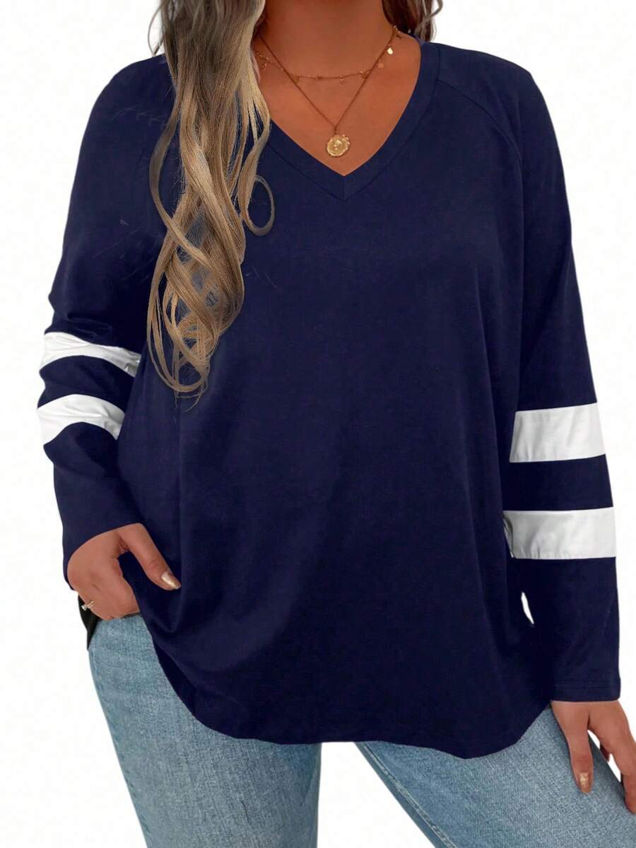 Plus Striped Print V Neck Tee Graphic Tees Women Tops - Royal Blue - View 1