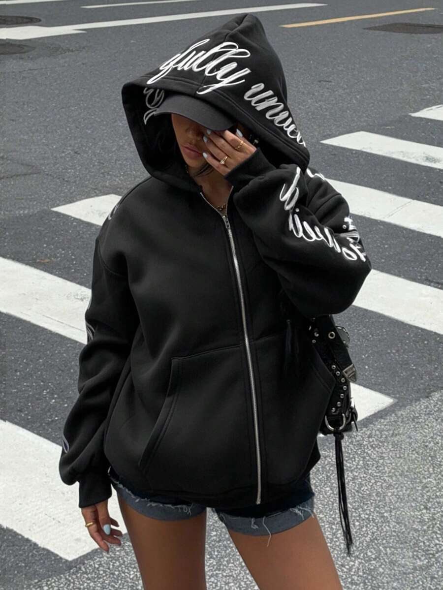 Muchica Autumn Women's Black Hooded Zipper Long Sleeve Letter Embroidery Design Casual Sweatshirt, Long Sleeve Top Graduation, Back To School Clothing, Graduation, Women's Teacher Clothing, Autumn And Winter Back To School,Fall,Fall Clothes For Women - Black - View 1