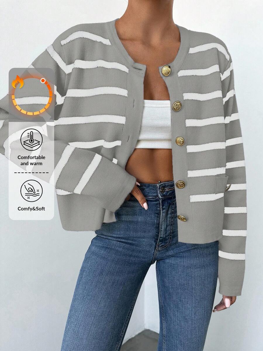 EURMUSE Women's Round Neck Button-Up Long Sleeve Striped Casual Cardigan - Grey - View 1
