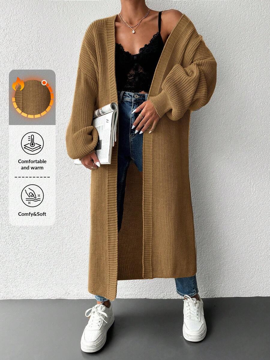 EURMUSE Women's Solid Color Drop Shoulder Cardigan With Open Front Design - Camel - View 1