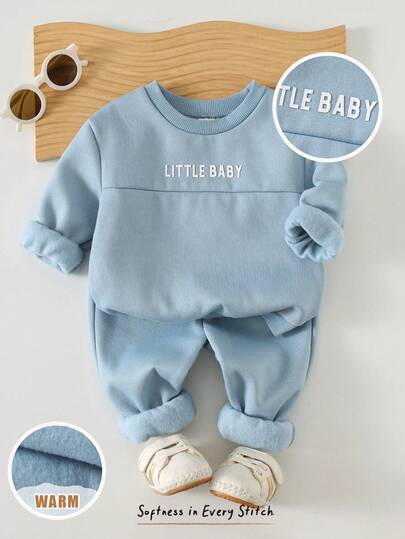 Cozy Pixies Conjunto de 2 piezas de sudadera de cuello redondo de manga larga y pantalones con estampado de letras minimalista para bebé niño