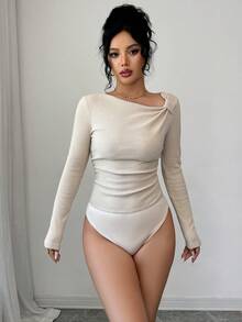 Selianne Áo thun dài tay xếp ly cổ chéo màu trơn mới thu đông, dáng ôm, thường ngày dành cho nữ - Màu be - Xem 5