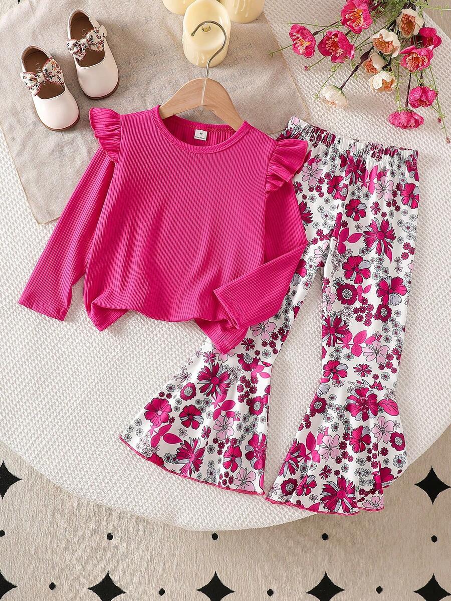 2 件套年轻女孩韩版圆领长袖上衣和时尚数码印花喇叭裤,休闲修身装,春秋季 - 玫紅色 - 查看 1