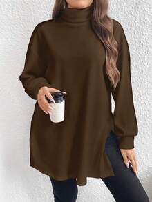 EMERY ROSE Deep Brown Casual Minimalist Plus Size Turtleneck Long T-Shirt, Spring/Autumn - Multicolor - View 5