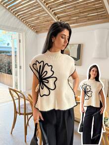 Serisse Áo len dệt kim cổ đứng xẻ tà 3D họa tiết hoa thời trang & thanh lịch dành cho nữ, Áo len thu đông, họa tiết thêu kiểu Pháp, cổ tròn, áo len màu mơ, mùa đông, năm mới, lễ tạ ơn; Áo len dệt kim, áo len nữ, Cottagecore;, áo buộc phía trước không tay cổ tròn viền tương phản màu mơ họa tiết hoa kiểu Pháp; - Màu be - Xem 6