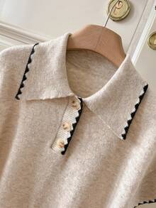 SHEIN Frenchy 女式撞色饰边短袖针织上衣 - 杏色 - 查看 7