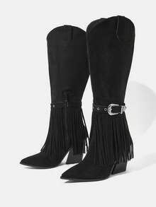 Styleloop Chocolate Brown Over-The-Knee Woven Boots, Suitable For Vacation, Boho, Western, And Music Festival Styles - Black - View 3