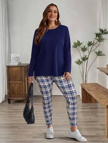 EMERY ROSE 大码女式黑色T恤和格子紧身裤套装（冬季服装） - 藏蓝色 - 查看 4