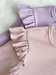Set de 4 pijamale pentru fete preadolescente, cu mâneci lungi și volane, include bluză cu mâneci fluturate și pantaloni drepți în carouri, pijamale - Violet - Vizualizare 5