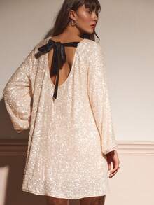lacRébo Cream Sequin Long Sleeve Mini Dress With Open Back And Black Velvet Bow Tie Detail Party Evening Dress Spring Summer Sequins Dress Glittery Dress Loose Dress Women Dresses Champagne Premium Shiny Dress Long Sleeve Dresses Woman  Party Outfits - White - View 1