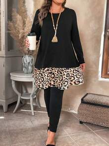 Momelise Bộ 2 món cỡ lớn cho nữ - Áo thun họa tiết da báo rộng rãi và quần legging bó, trang phục thường ngày, mặc hàng ngày, Thu/Đông - Nhiều màu - Xem 6