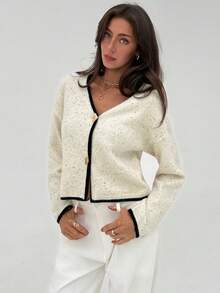 Aloruh Cardigan slim fit da donna con scollo a V, maniche a pipistrello e motivo a pois, stile vintage, adatto per autunno/inverno - Bianco - Visualizzare 4