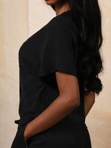 Mima John Elegante cardigan con maniche a campana e doppio petto, camicia casual semplice di colore bianco solido - nero - Visualizzare 2