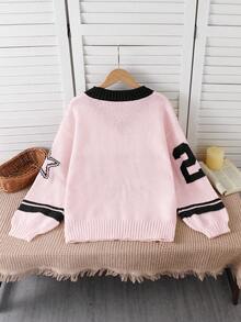Mädchen Lockerer V-Ausschnitt Pullover mit Zahlen- und Sternenmuster, Herbst/Winter