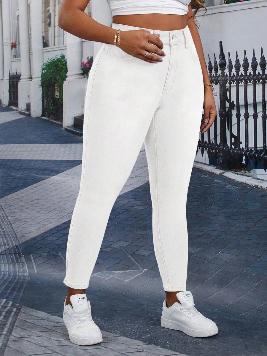 EMERY ROSE Plus Size Women Pocket Skinny Casual Versatile Jeans,Back To School - White - View 1