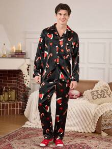 Manfinity CoupledUp Weihnachtsthema Muster Schwarz Faux Seide Stil Herren Oberteil & Hose Pyjama Set Herbst Winter Kleidung