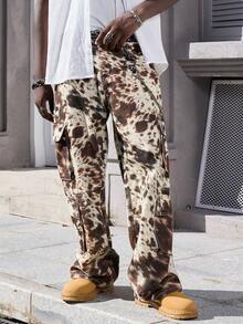 ROMWE MEN Street Life 男士休闲宽松豹纹撞色牛仔裤，垃圾摇滚 - 棕色 - 查看 4