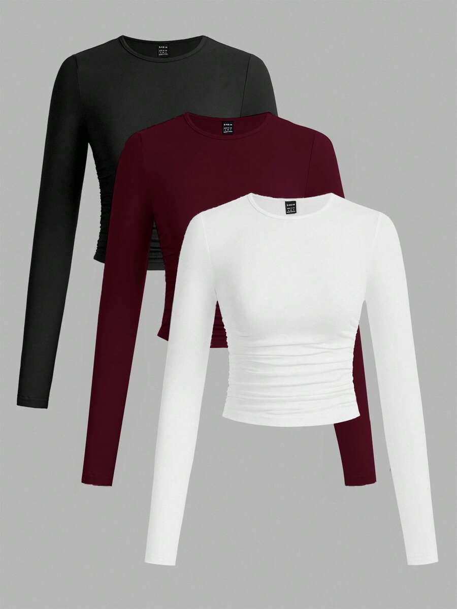 SHEIN EZwear 3件套女士休闲纯色圆领褶皱长袖T恤,秋冬 - 彩色 - 查看 1