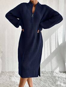 EURMUSE Women Knit Sweater Dress With Zipper Detail,Petite - Navy Blue - View 3