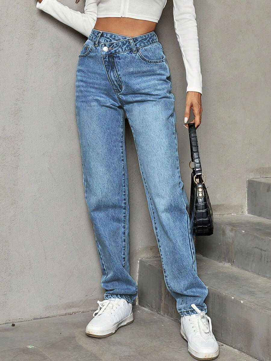 SHEIN Frenchy Stepped Waist Straight Leg Jeans Winter Casual - Medium Wash - View 1