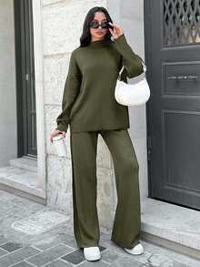 SHEIN Tall 2 pezzi Set coordinato donna casual composto da top a maniche lunghe e pantaloni, tinta unita - Verde militare - Visualizzare 3