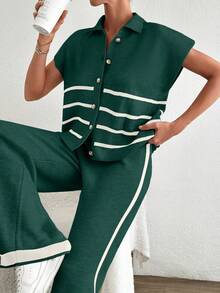 EURMUSE Women Stripe Polo Neck Short Sleeve Sweater And Pant Co-Ord Set,Petite,Winter Clothes - Dark Green - View 5