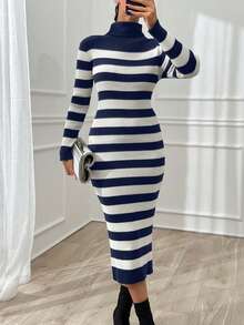 EURMUSE Women Stripe Pattern Turtleneck Long Sweater Dress,Petite - Navy Blue - View 6