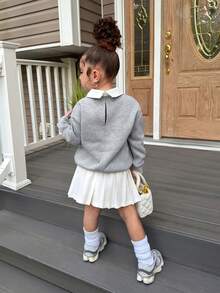 Young Girl 灰色字母图案 Polo 领卫衣和白色迷你裙两件套，学院风秋冬 - 灰色 - 查看 3