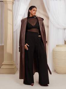 VOLUPTÉ CURVE Plus Size Women's Spring/Summer Black Floor Length Pants Solid Suit Fabric Wide Leg Straight Slant Pocket, Elegant Commute Party Formal Trousers - Black - View 3