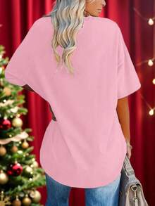 EMERY ROSE Plus Size Women's Christmas Reindeer Print Short Sleeved T-Shirt, Christmas V-Neck T-Shirt, Suitable For Spring And Summer Wear - Pink - View 2