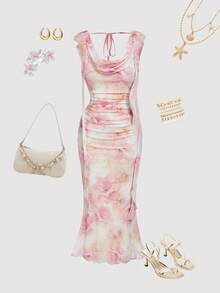 SHEIN MOD 女士优雅印花垂褶领中长连衣裙，粉色印花连衣裙，圣诞节、沙滩装、高领连衣裙、褶皱连衣裙、新年连衣裙、感恩节女装、派对连衣裙、婚礼宾客连衣裙、晚宴礼服、优雅连衣裙、印花连衣裙、秋冬季女装、邮轮晚宴连衣裙、婚礼宾客连衣裙、派对正式连衣裙、女士沙滩装 - 粉色 - 查看 2