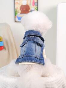 PETSIN 1pc Cat And Dog Universal Clothes, Spring And Autumn Handsome Brushed Retro Blue Jacket, Comfortable Pet Clothing Clothing - Vintage Blue - View 4