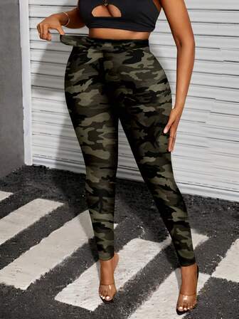 Slaydiva Plus Size Camouflage Print Casual Versatile Leggings, Suitable For Spring & Summer Suitable For Going Out Fall Clothes Winter Clothes