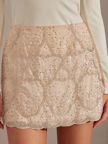 Enchnt 金属褶皱 A 字迷你裙，高腰，修身，百搭 - 淺粉色 - 查看 5