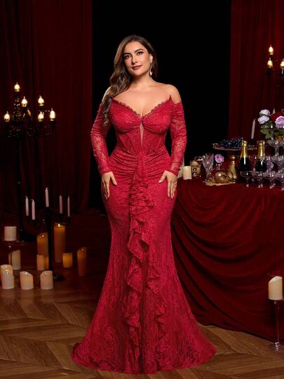 Glamrae Đầm dạ hội cỡ lớn sang trọng, gợi cảm màu đỏ thêu hoa, chất liệu ren Pháp cao cấp, kiểu đuôi cá, eo xếp ly, gấu váy bồng bềnh và đuôi dài (thiết kế đính kết cầu kỳ), thích hợp cho ngày Valentine.