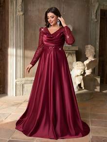 Aureia Váy dạ hội dài tay cổ sâu màu đỏ tía sang trọng, thanh lịch, lãng mạn, chất liệu satin đính hạt, viền cao thấp, cỡ lớn (Thiết kế đính nhiều họa tiết) - Màu Đỏ Sâu - Xem 6